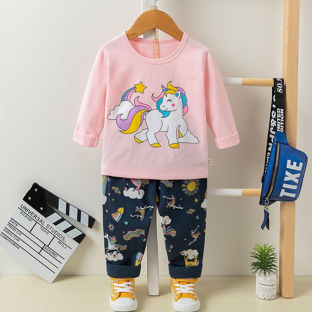 Crew Neck Long Sleeve Printed Organic Cotton Baby Girl Pajamas Set